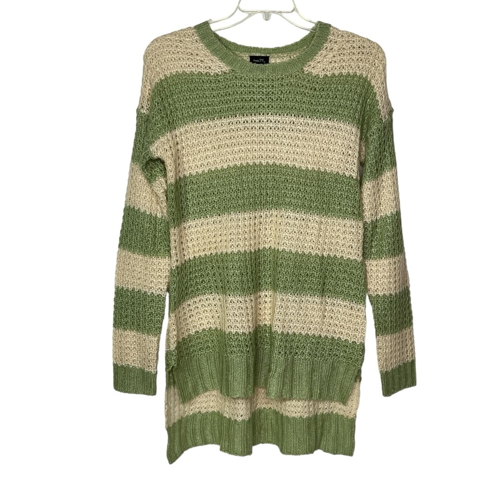 Rue 21 Tunic High Low Loose Open Knit Green Cream Womens XL Long Sleeve Sweater